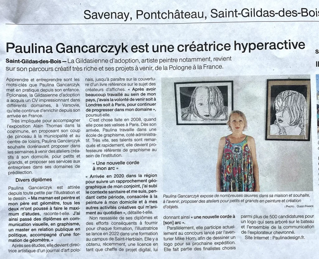 ouest france graphiste illustratrice Paulina Gancarczyk - Paulina Design graphisme site web communication visuelle - Saint-Gildas-des-Bois, Loire-Atlantique, Bretagne; Cours de dessin et peinture